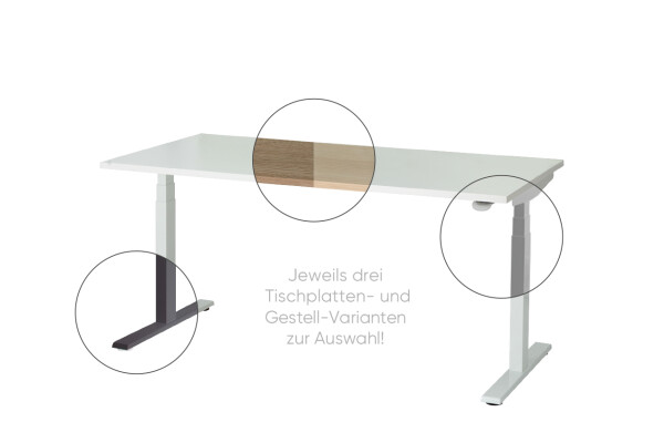 Electio Smart Elektromotorischer Schreibtisch Weißaluminium RAL 9006_1600 x 800_Diamantweiss_Kabelkanal Weißaluminium_Bedienelement mit 3fach-Memory